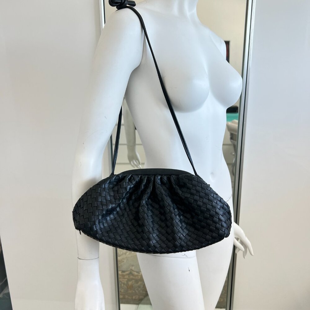Intrecciato Woven Black Faux Leather Pouch Clutch with Strap - Picture 6 of 10